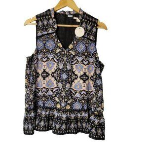 NWT C & E Blouse with Black, Blue, White Pattern Ruffled Neck and Hemlin…​